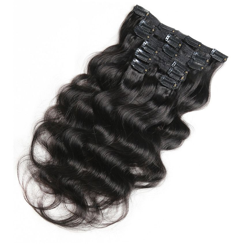 9A Clip In Human Hair Extensions Obehandlad Brasiliansk Peruansk Malaysisk Indisk Virgin Body Wave Hair 7pcs / Set 120g Full Head Natural Färg