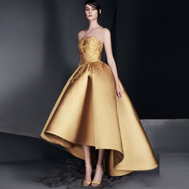 Elegant Gold Applique Prom Dress Strapless High Low Ruffle Evening Gown