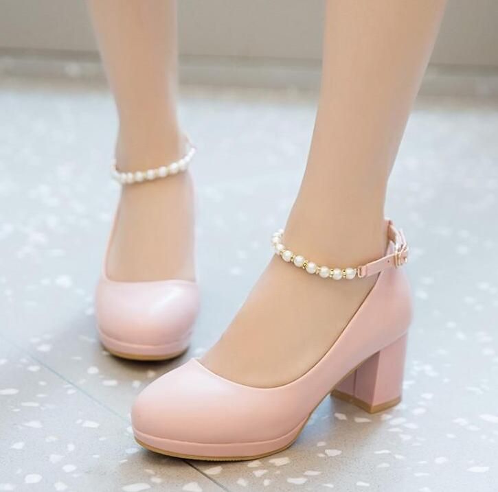 Spring New Style Girl High Heels Pink Shoes Sweet And Lovely Style Buckle Dress Shoes Thick Heel Shallow Mouth From Tesco009, $21.11 | DHgate.Com