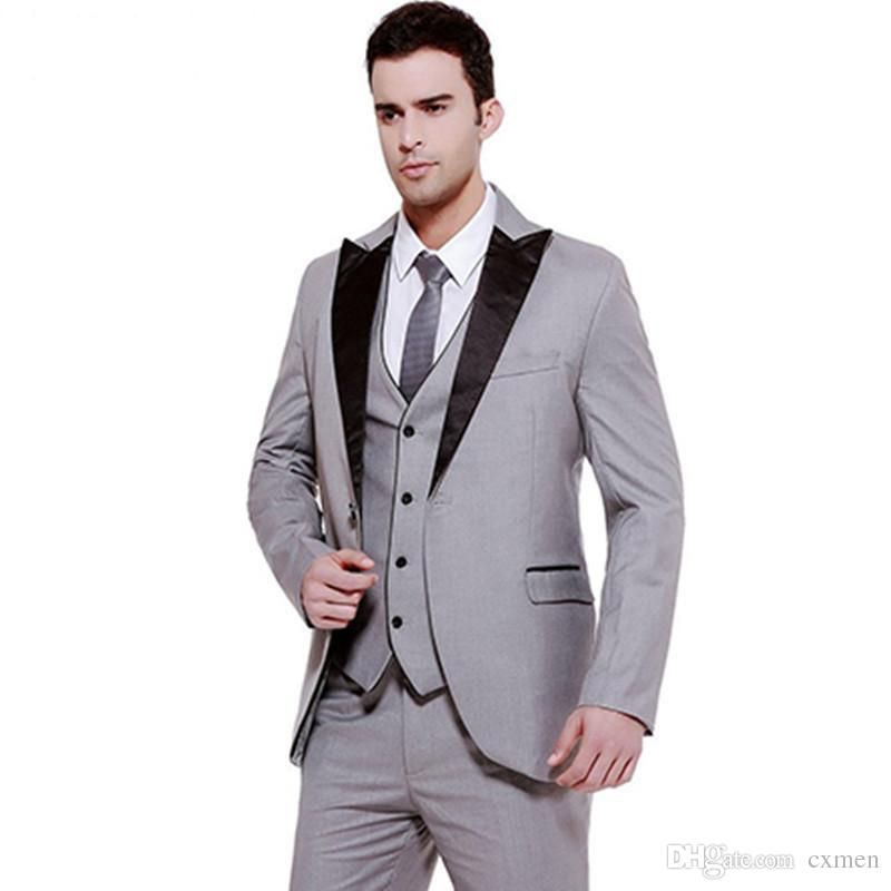 2018 hombres trajes gris boda 3 piezas negro pico solapa hechos a medida para tuxedos
