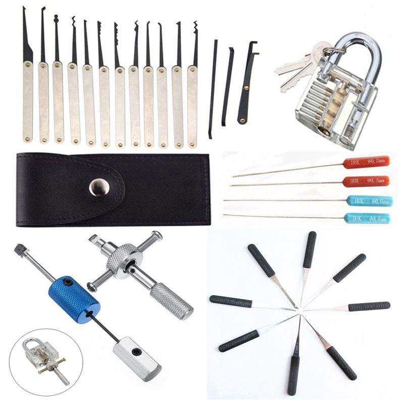 20 Pcs Unlocking Lock Pick Tools Set Key Extractor+Transparent Practice Padlocks Access Control
