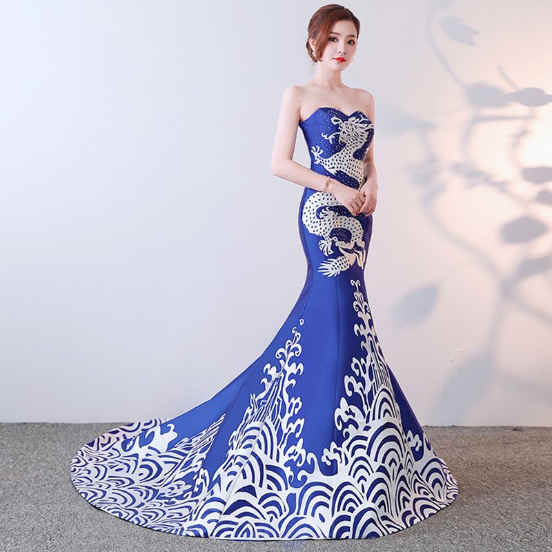 vestidos tirantes atractivo de la sirena del tizón de partido del vestido de China dragón