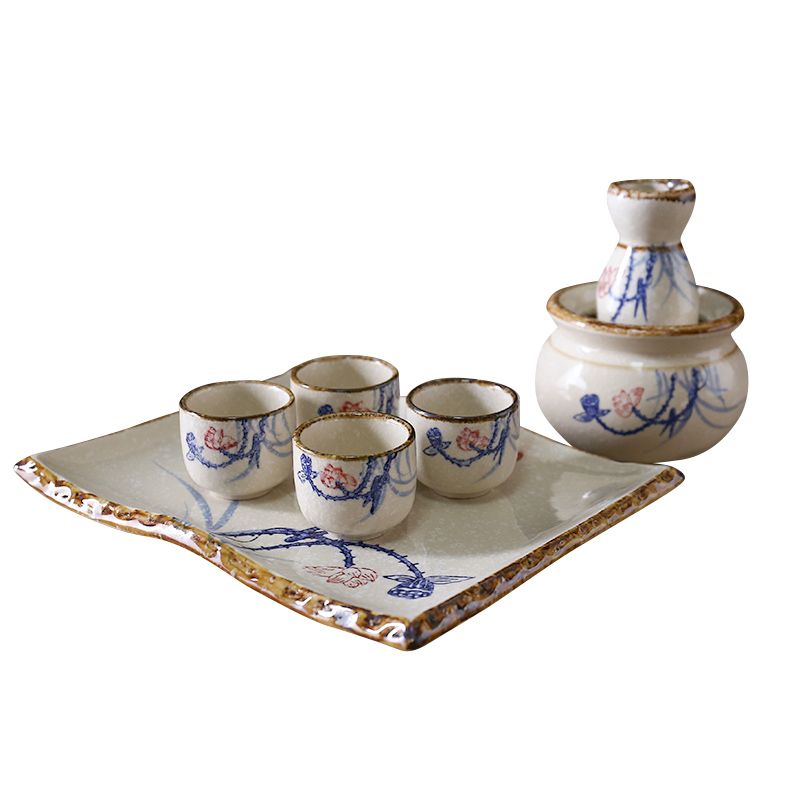 2020 Antique Ceramic Sake Set With Warmer And Tray Hand Painted Blue