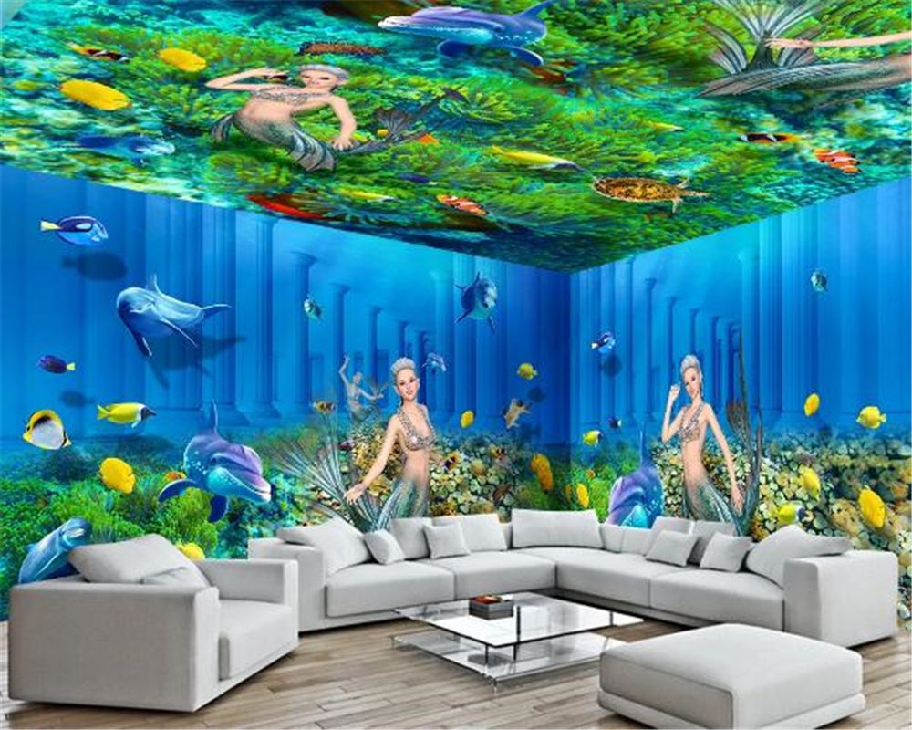 8d Crystal Silk Wallpaper Mural Fishes Sea World Wall Paper Living Room Decor