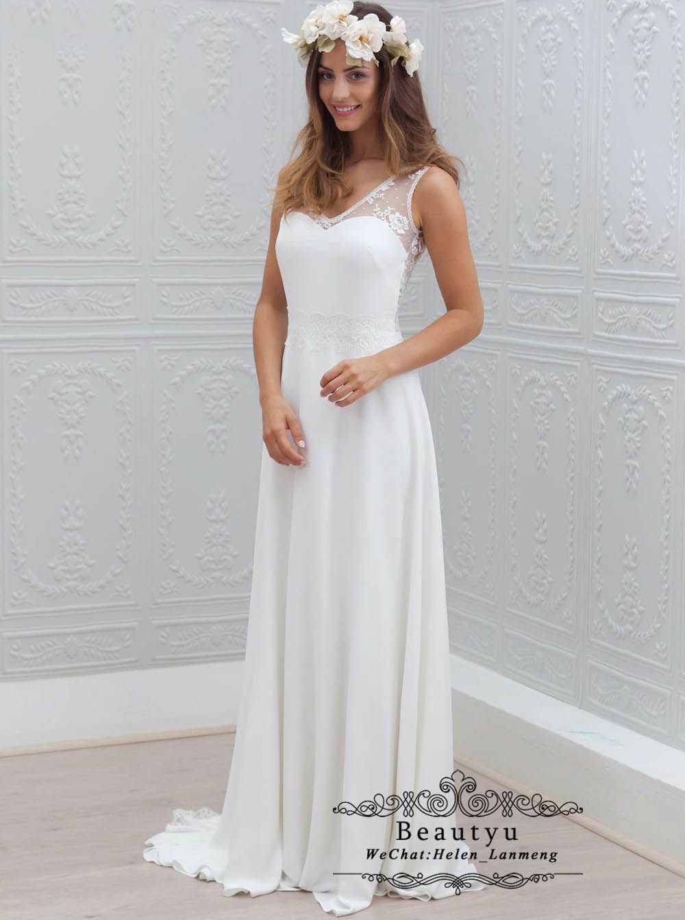 Acheter Robes De Mariée Plage Bohème Une Ligne V Cou Dos Ouvert Robes De Mariée En Mousseline De Soie Blanc Dentelle Vintage Illusion Retour Robes De