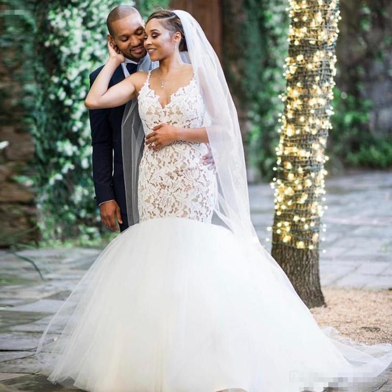 Modern Mermaid Plus Size Wedding Dresses 2019 White Lace Tiered