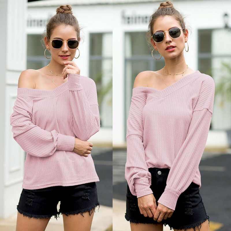 Download Womens Ladies Girls Plain Long Sleeve V NECK T Shirt Top ...