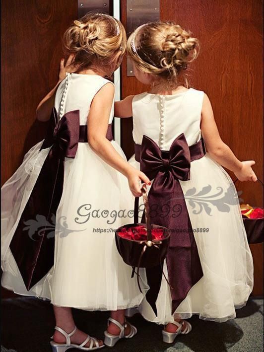 White Flower Girl Dress With Burgundy Bow 2024 www tofrei