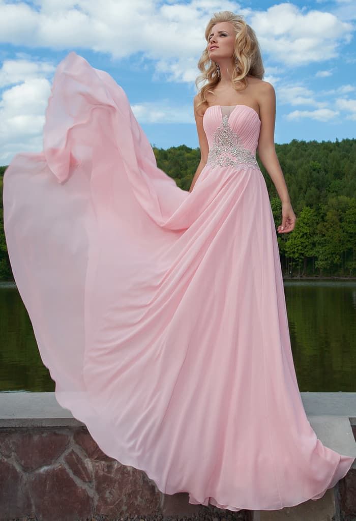 Hot Princess A Line Strapless Pink Prom Dresses Floor Length Chiffon