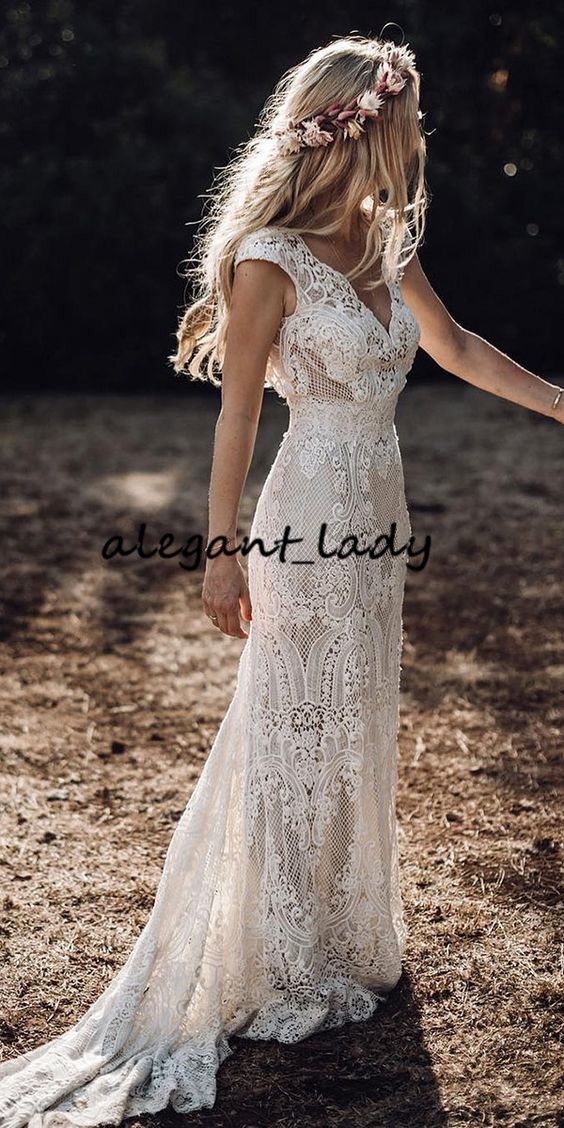 Vestidos de novia bohemios vintage con mangas 2019 Hppie Ganchillo de encaje algodón Boho País