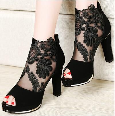 black lace peep toe heels