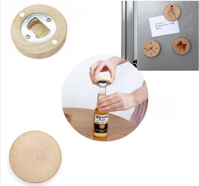 2020 Blank DIY Wooden Round Shape Beer Bottle Opener Coaster Fridge