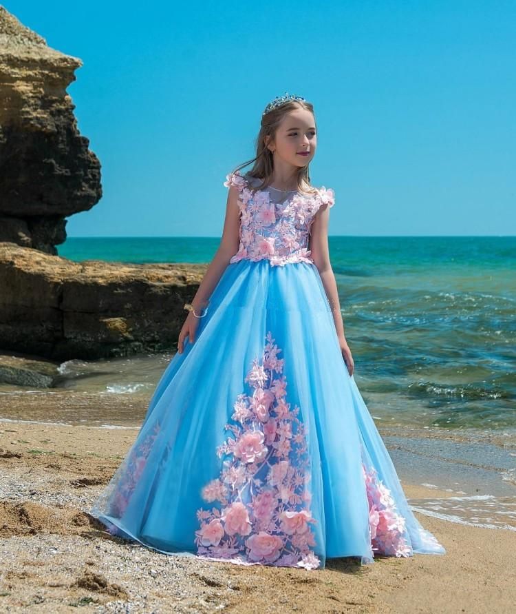Azul rosa color mezclado niñas compaes de chicas vestidos cuello escarpado mangas flores apliques encaje tul Azul rosa color mezclado niñas compaes de chicas vestidos cuello escarpado mangas flores apliques encaje tul