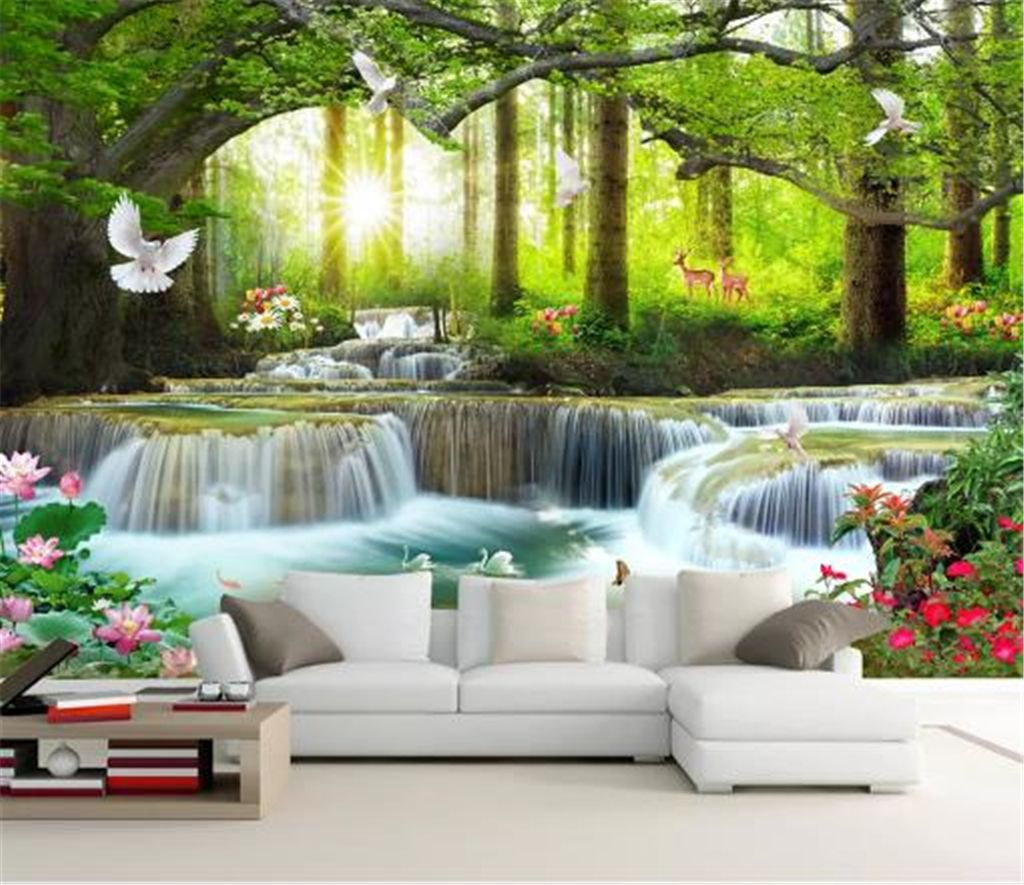 Wholesale 3d Wallpaper Simple Leisure Green Tree Forest Waterfall Landscape Living Room Bedroom Background Wall Decoration Mural Wallpaper Free