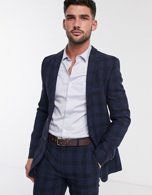 Men's Summer Plaid Blue&Beige Linen Cotton Blazer Jacket 2 Button Leisure Suit 