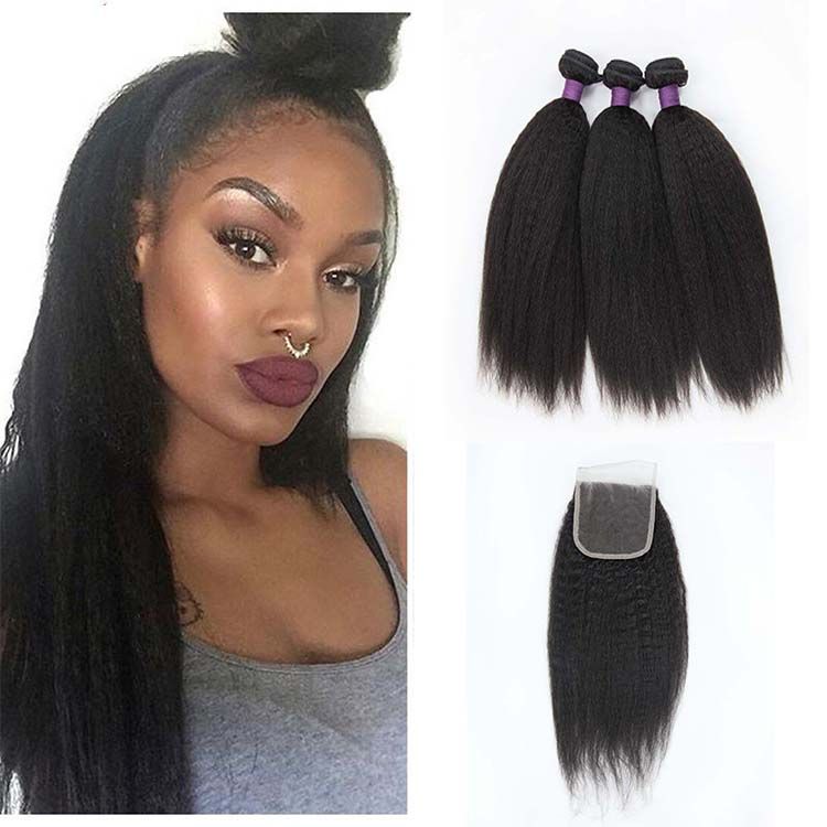 Brazilian Kinky Straight Yaki Human Hair Extensions 3bundles 4 4