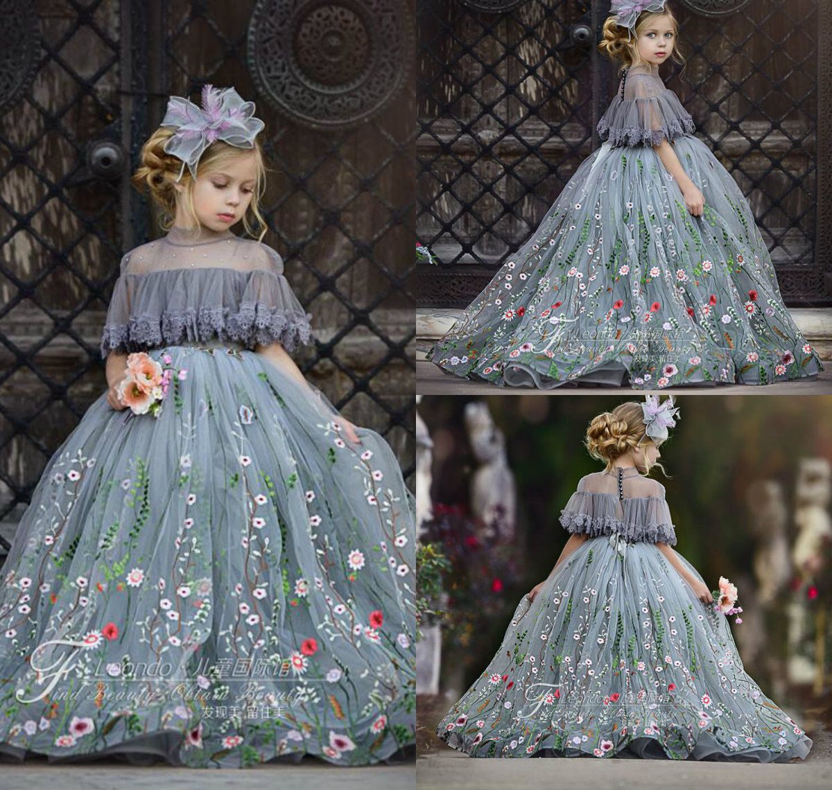 2020 Söt tullebollklänning Flower Girl Dresses Lace Applique High Neck Rhinestones Kids Pageant Klänning Golvlängd Tjejs födelsedagsfest