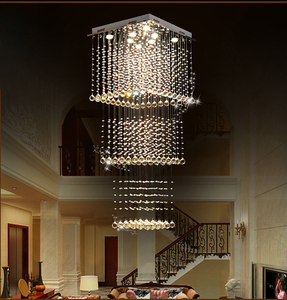 Modern Square LED Crystal Chandelier Lighting Stair Raindrop Ceiling