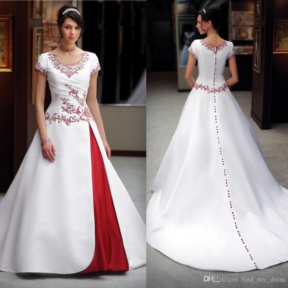 DiscountClassic Design White And Red Wedding Dress Short Sleeve Scoop