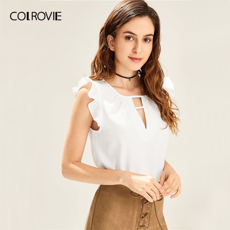 Compra COLROVIE Sólido Blanco Corte Cuello V Volante Hombro Elegante Blusa  Camisa Mujeres 2019 Verano Estilo Coreano Sin Mangas Sexy Ladies Tops  Barato | Entrega Rápida Y Calidad | Es.Dhgate