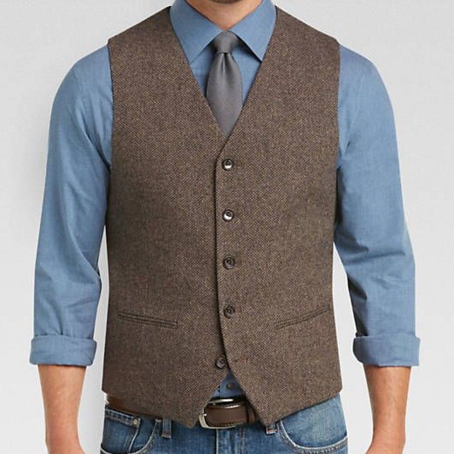 Vintage Brown Wool Tweed Vests Slim Mens Suit Vest Two Pocket Custom
