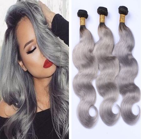 Ombre Silver Grey Hair Weaving 1b Gray Two Tone Brazilian Human Hair Extensions Gray Hair Bundles Curly Weave Hair Big Curly Hair Weave From