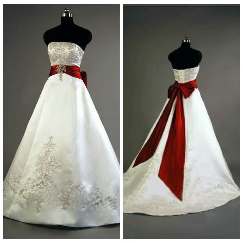 Compra Decente Blancos Vestidos De Novia Sin Tirantes Elegantes Vestidos De  Satén Pasteles Con Arco Elegante Apliques Una Línea Vestidos De Boda Ata  Para Arriba El Ingenio Barato | Entrega Rápida Y