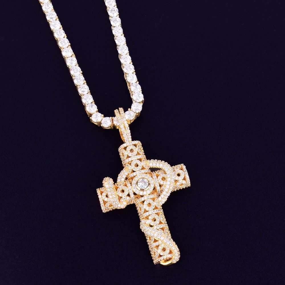 Mens Animal Snake Cross Pendant Necklace 4mm Tennis Chain Gold Color ...