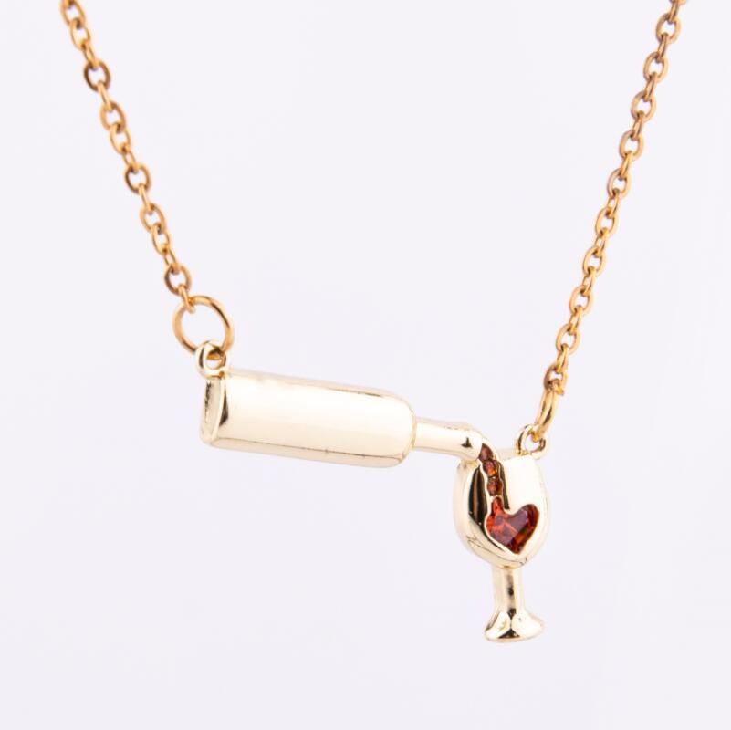 Wholesale Silver Gold Rose Gold Filled Wine Glass Pendant Necklace Ladies Wine Beer Bottle
