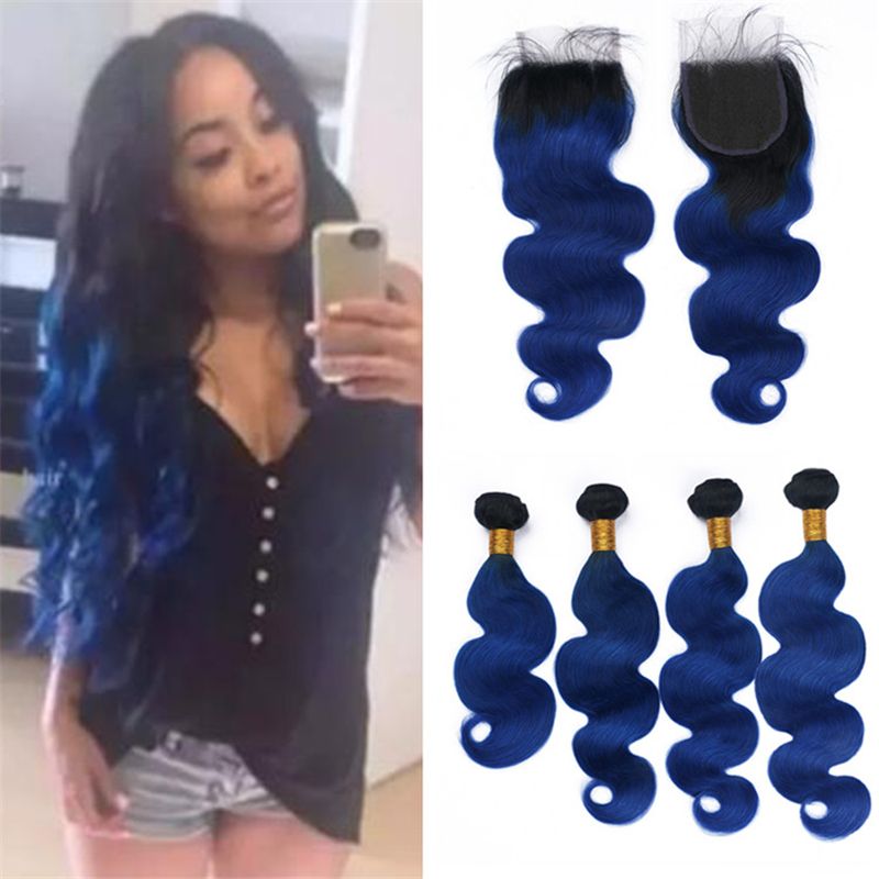 2019 Dark Roots Blue Ombre Brazilian Hair Weave 4 Bundles With