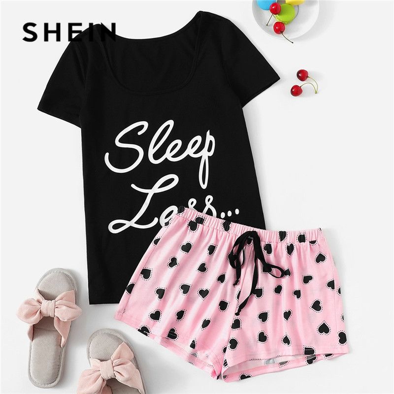 Acquistare Shein Carino Manica Corta Slogan Tshirt E Cuore Stampa Coulisse  In Vita Pantaloncini Pigiama Set Donna Estate Casual Sleepwear Pj Set  Cx200704 Economico | Consegna Veloce E Qualità | It.Dhgate