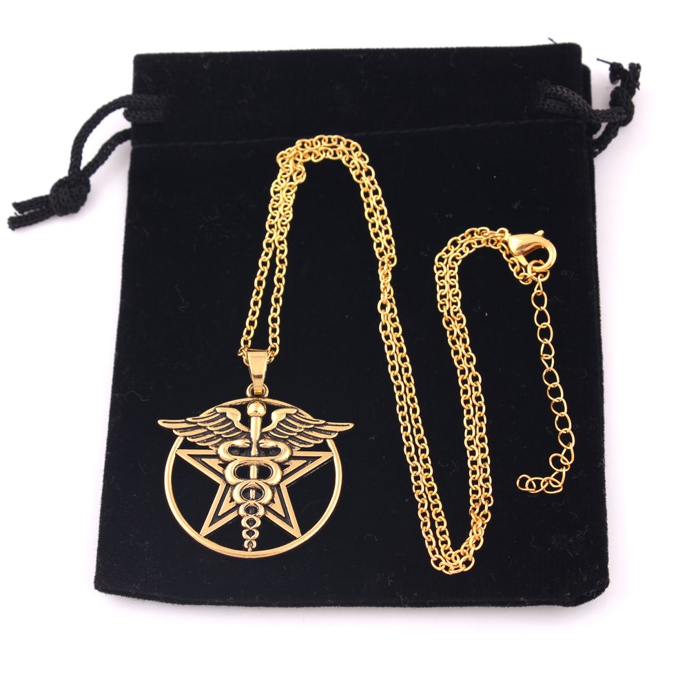 satin al vintage kanatli personel ile yilanlar pentagram kolye sifacilar caduceus tibbi sembol link zinciri erkekler ve kadinlar kolye tl111 33