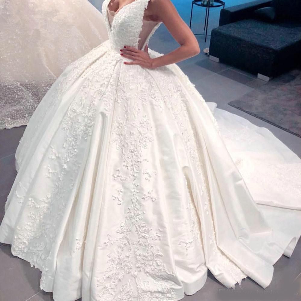 Dubai Arabic Satin Ball Gown Wedding Dresses Vintage Deep V Neck