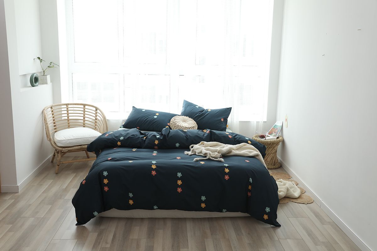 2019 Lucky King Navy Blue Cotton Three Piece Set Colorful Florals