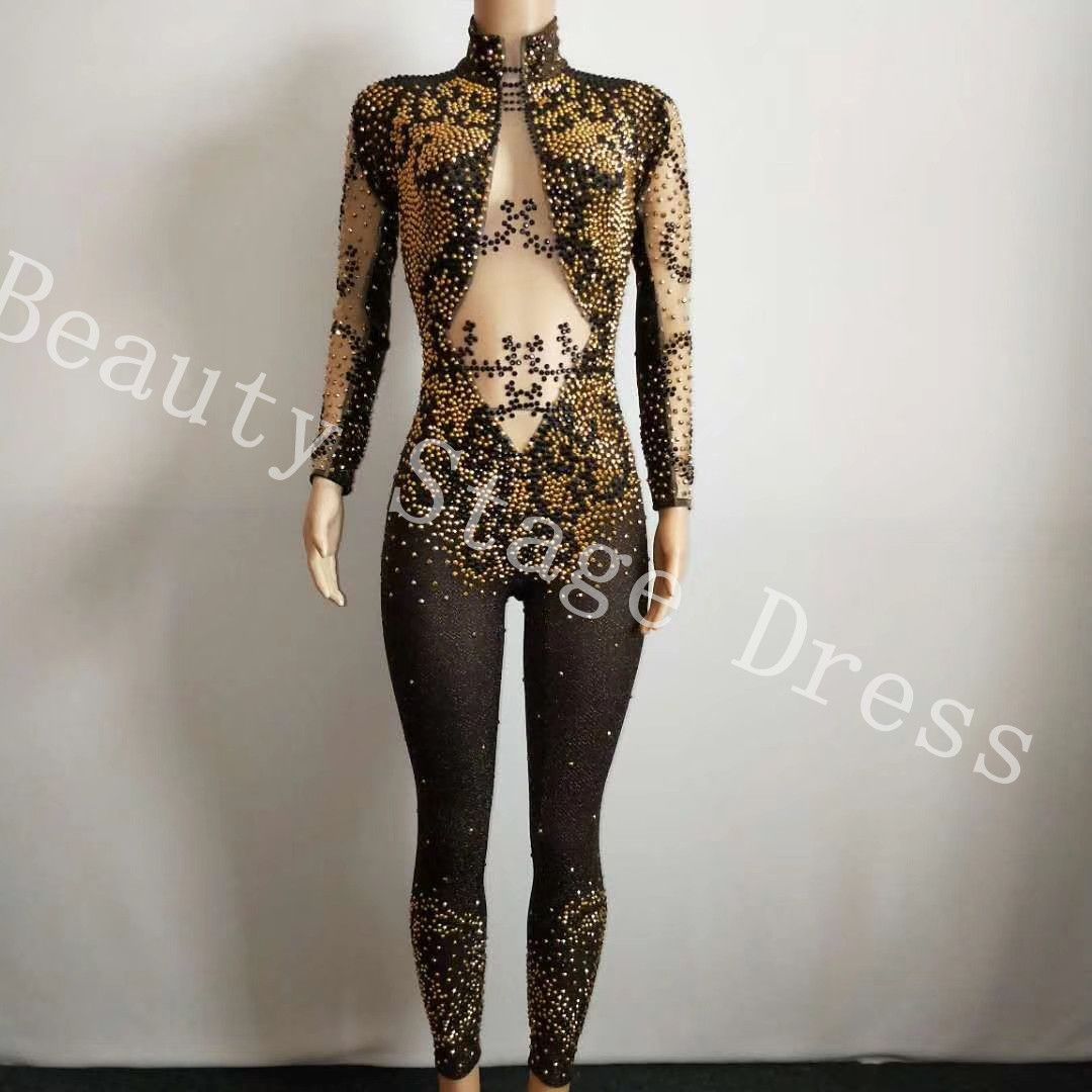 mesh rhinestone jumpsuit