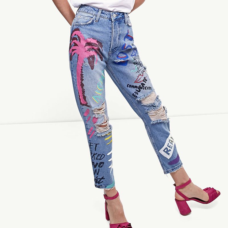 Fashion-ShejoinSheenjoy Fashion Graffiti Print Jeans Mujer vaqueros rasgados de cintura alta para mujer Cremallera