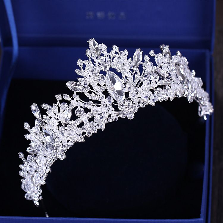 Baroque Luxury Rhinestone Beads Heart Bridal Tiara Crown Silver Crystal Diadem Veil Tiaras Wedding Hair Accessories Headpieces,Other