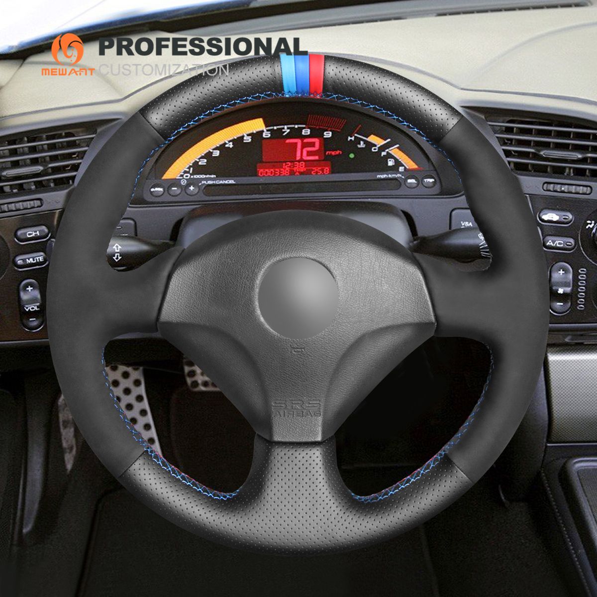 Mewant Black Genuine Leather Suede Hand Sewn Car Steering Wheel Cover For Honda S2000 2000 2008 Civic Si 2002 2004 Acura Rsx Type S 2005 Designer