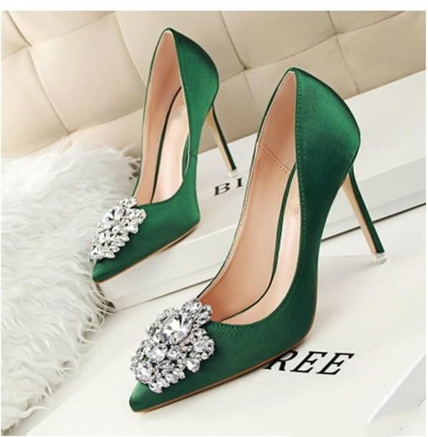 Dark Green Women Designer Shoes Comfortable Wedding Bridal Shoes