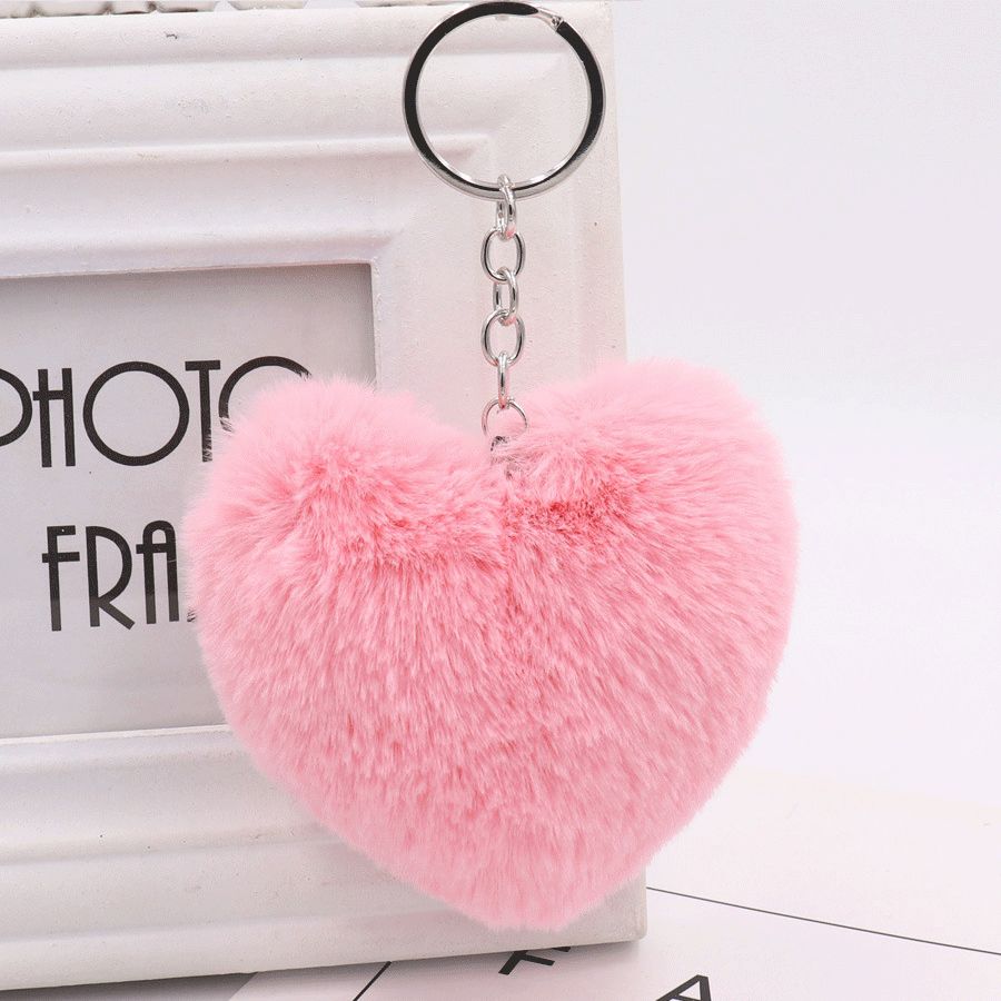 Women Lady Lovely Heart PomPom Faux Rabbit Fur Keychain Key Ring 18 Colors