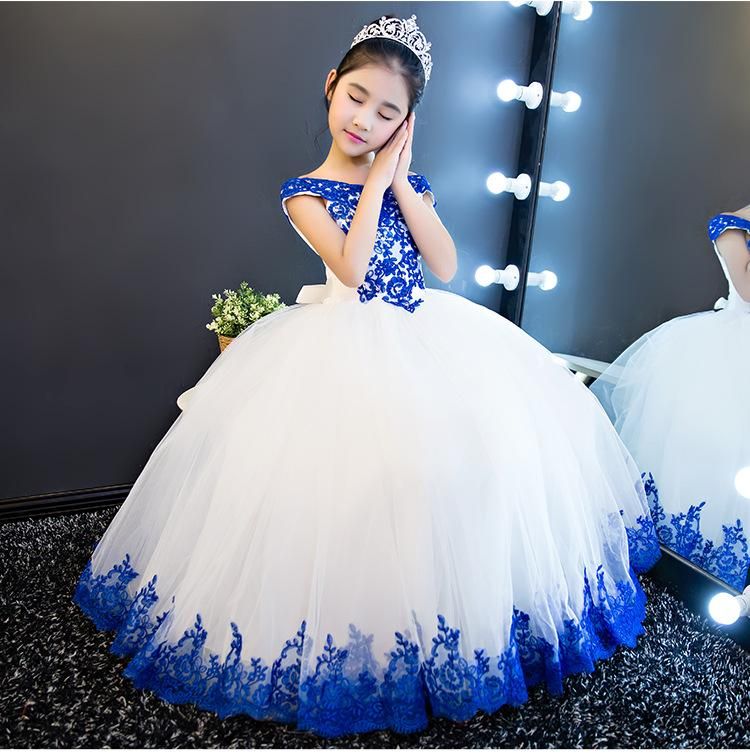 Larga princesa Cenicienta Flor niña Vestidos fuera del hombro Longitud del piso Vestido de bolas Azul Larga princesa Cenicienta Flor niña Vestidos fuera del hombro Longitud del piso Vestido de bolas Azul