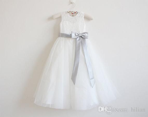 white flower girl dress with grey sash