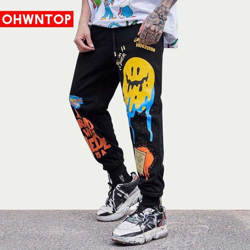 Mens Pants Hip Hop Joggers Graffiti Spoof Smile Print Streetwear 