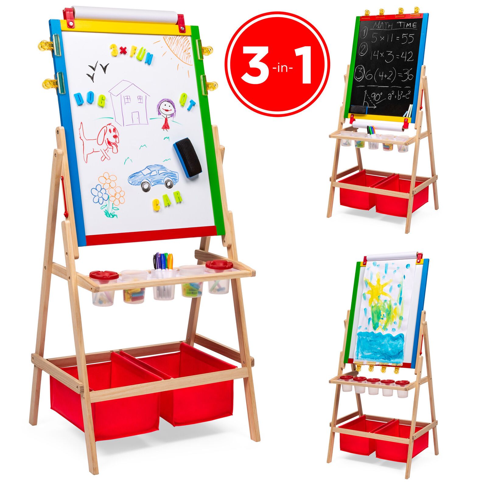 2020 Kids Double Sided Easel W/ Chalkboard, Whiteboard, Paper Roll, Art