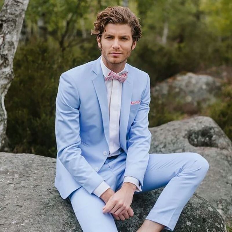 Último diseño Azul Claro Trajes de Hombres Novio Boda Esmoquin Verano Playa Novios Trajes Blazer