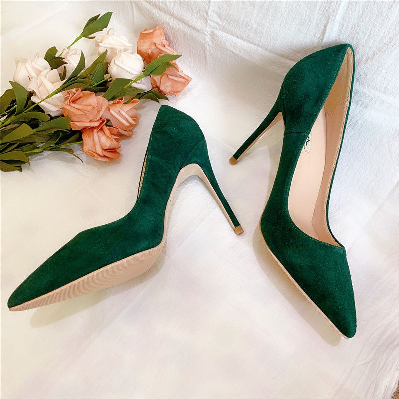 Donkergroene kudde vrouwen stiletto's hoge hakken elegante dames ponited  teen mode pumps party trouwjurk schoenen aanpassen