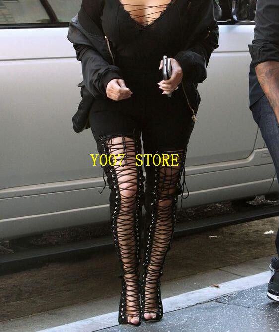 2019 Hot Sexy Cut Outs Thigh High Boots Lace Up Over The Knee Boots Woman Kim Kardashian Style High Heels Long Gladiator Sandals White Boots Black