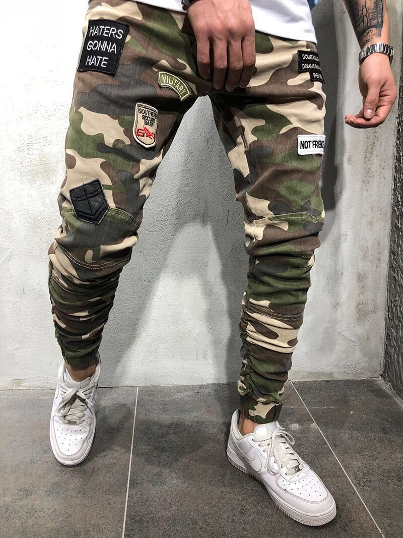 Compre Tendencia De La Moda Para Hombre De Camuflaje Flacos Largo Tramo  Vaqueros Para Hombre De Los Pantalones Del Lápiz Parches Manera Fresca  Verde Del Ejército De Diseño Para Hombre Pantalones A