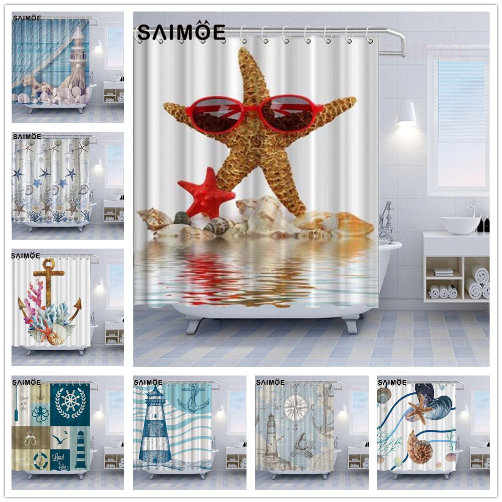 2020 Starfish Funny Shower Curtains Conch Shell Under The Lighthouse Bathroom Bath Curtain Decorations Coral On The Anchor Bathroom Curtain From Vixmhome 10 86 Dhgate Com