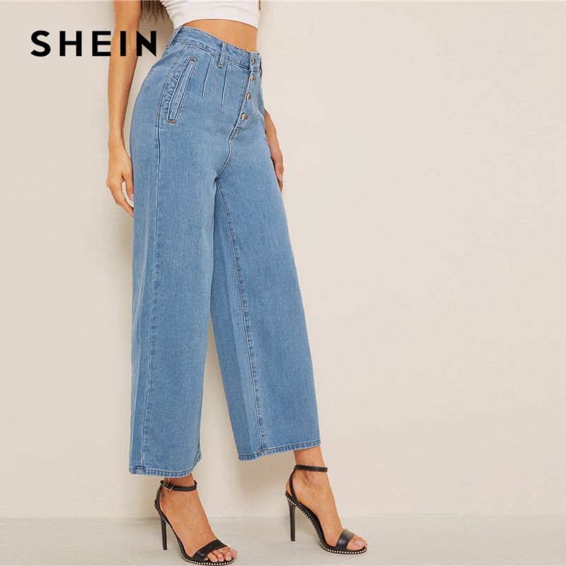 Compra Botón Shein Azul Flojo Pierna Ancha Denim Jeans Mujeres Del Otoño  Del Verano Sólido De Alta Cintura De Cultivos Informal De La Calle  Principal De Las Señoras De Los Pantalones Vaqueros